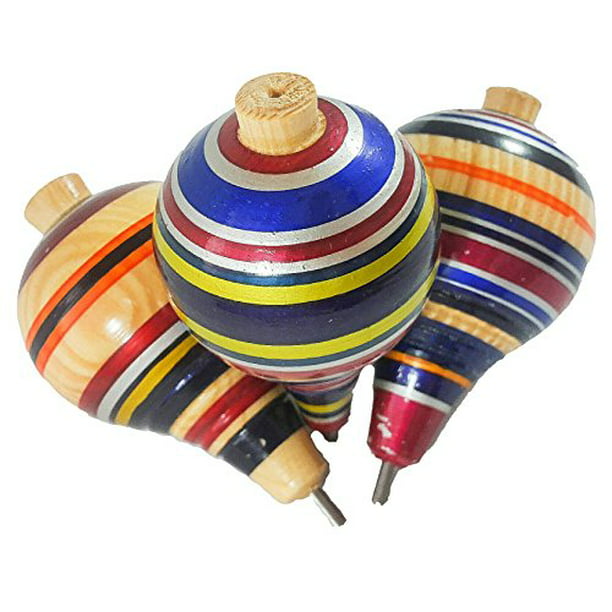 3 Pack Wooden Spin Tops Metal Tips Made in Mexico Premium Quality Mexican Trompos 3 Pack, Assorted Colors